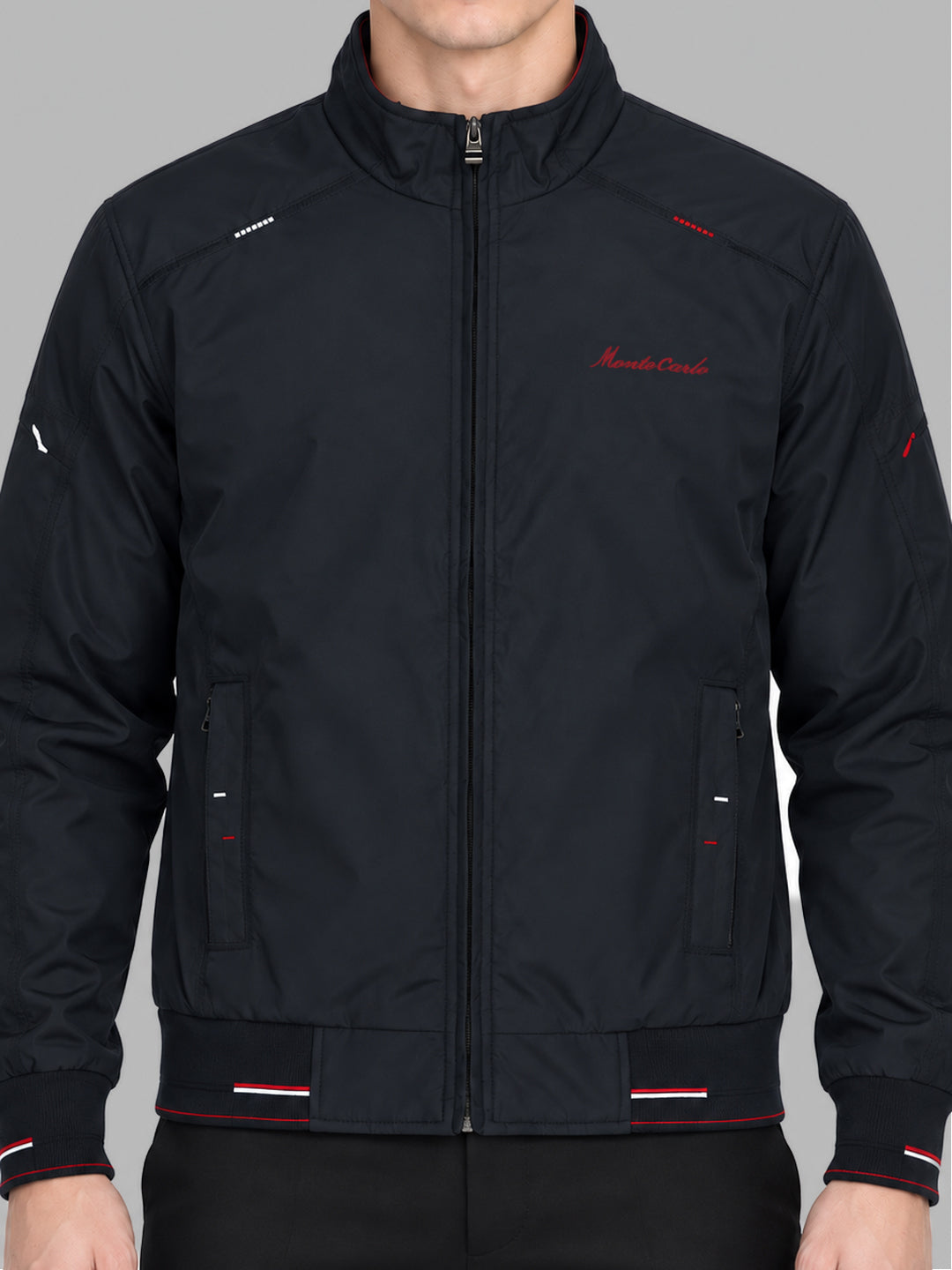 Men Navy Blue Solid Stand Collar Full Sleeve Bomber Jacket