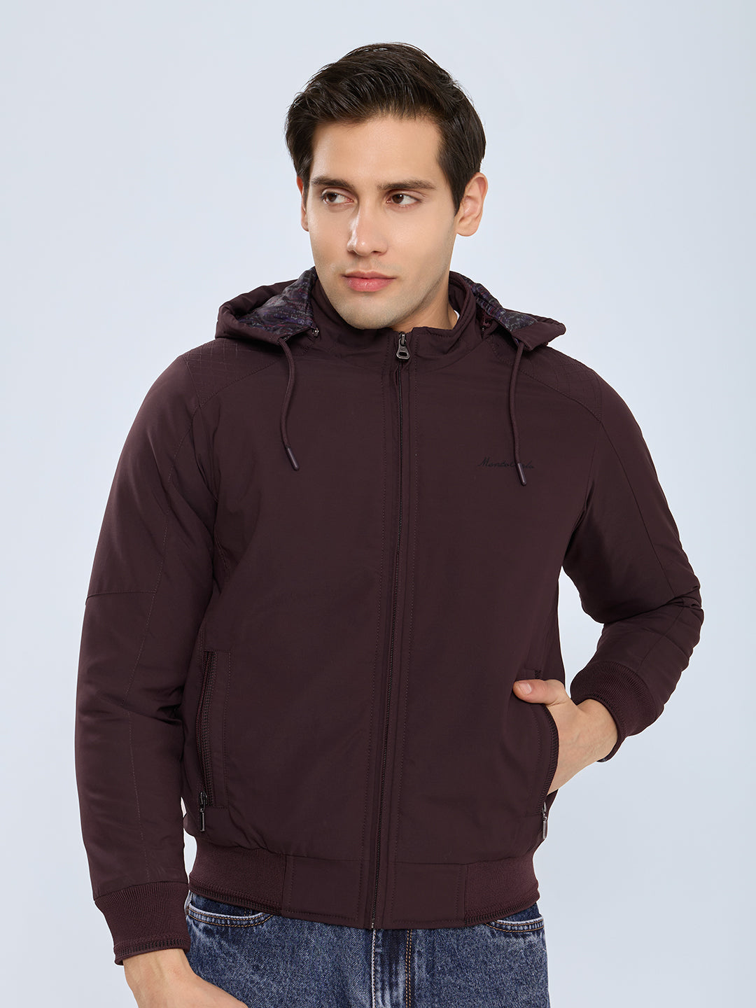 Men Purple Solid Detachable Hood Full Sleeve Bomber Jacket