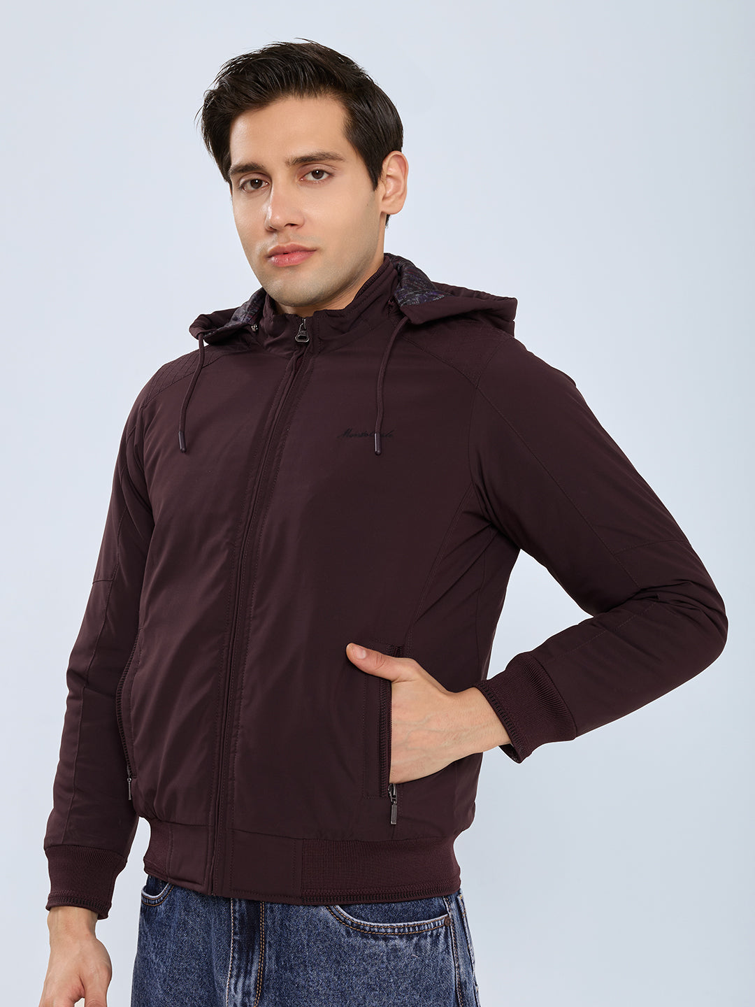 Men Purple Solid Detachable Hood Full Sleeve Bomber Jacket