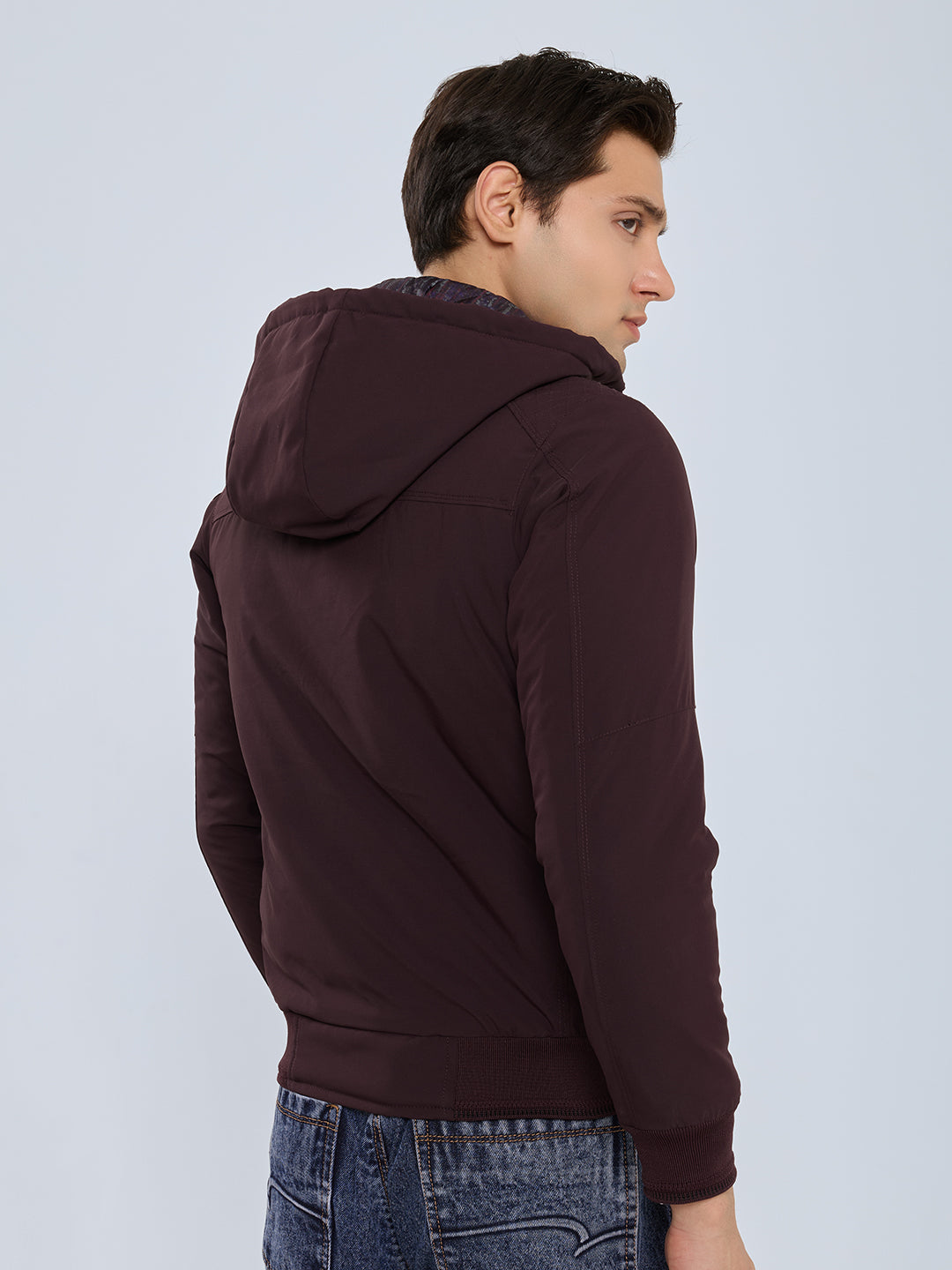 Men Purple Solid Detachable Hood Full Sleeve Bomber Jacket