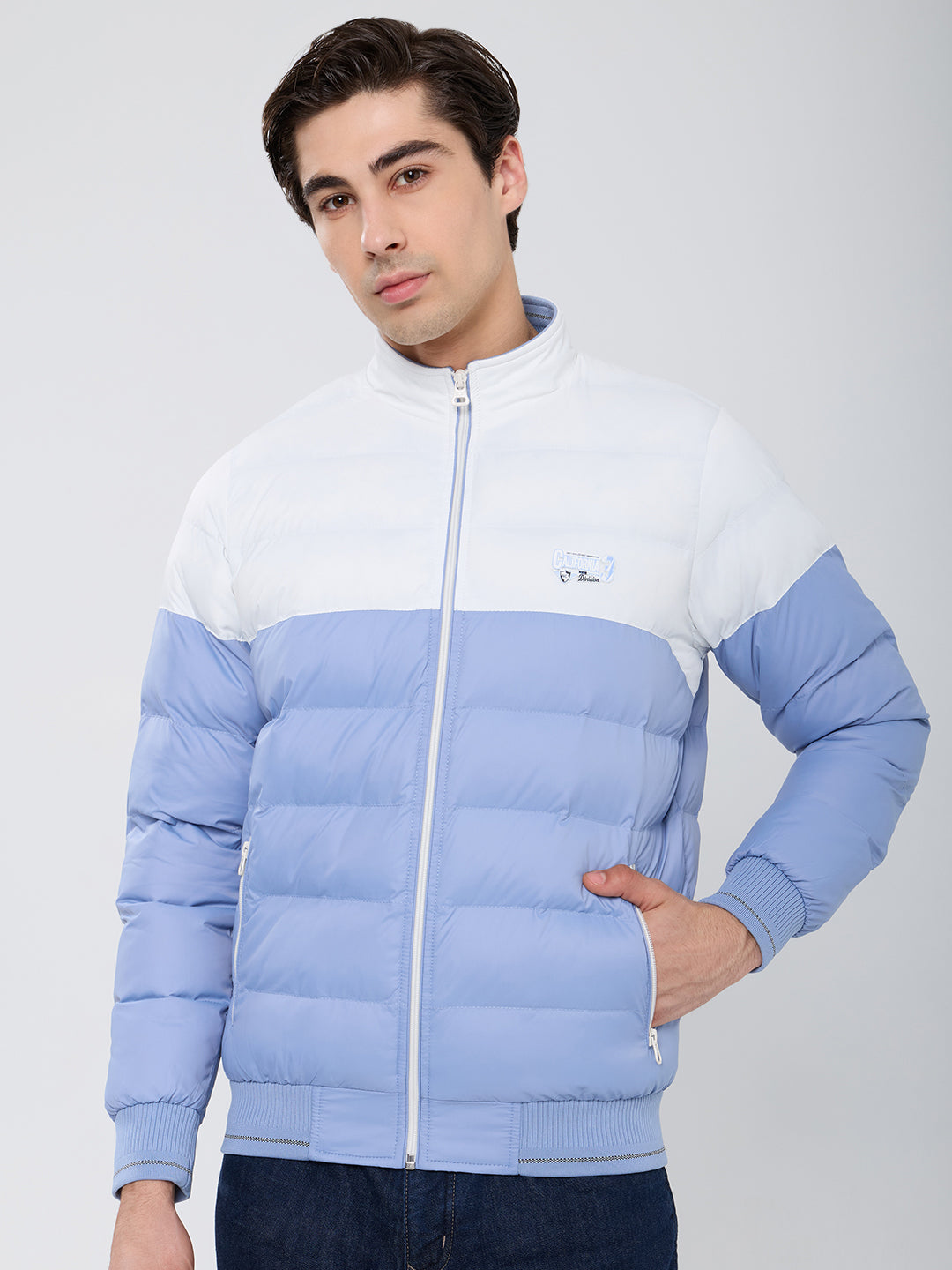 Men Sky Blue Self Design Mock Neck Full Sleeve Puffer Jacket