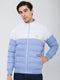Men Sky Blue Self Design Mock Neck Full Sleeve Puffer Jacket