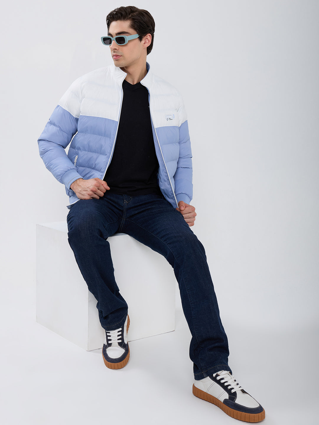 Men Sky Blue Self Design Mock Neck Full Sleeve Puffer Jacket