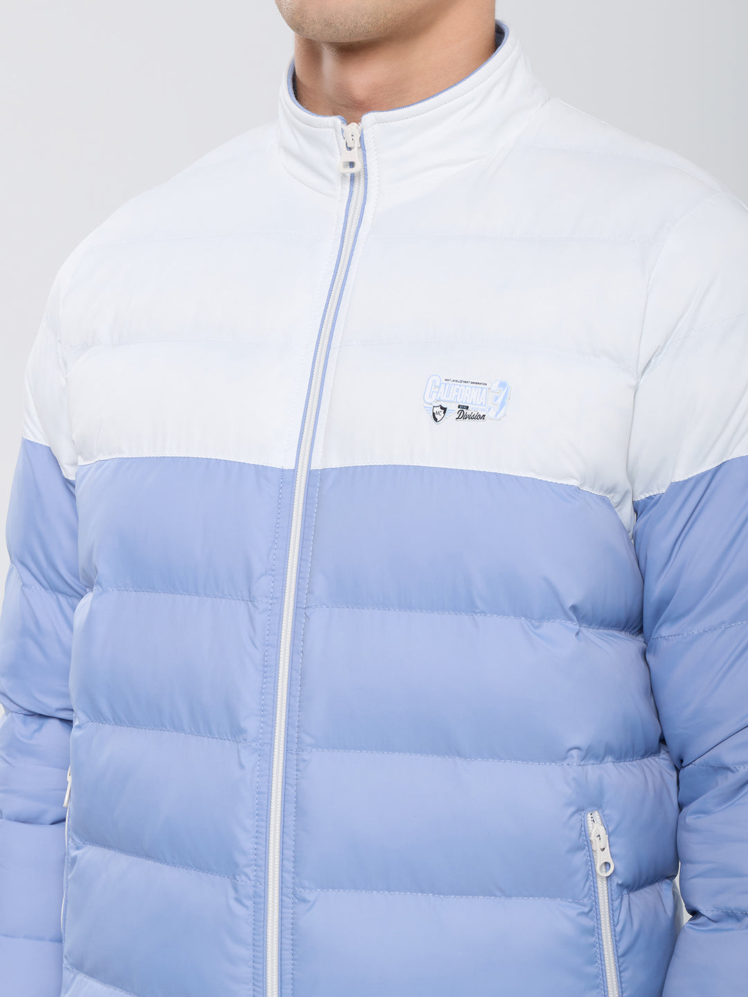 Men Sky Blue Self Design Mock Neck Full Sleeve Puffer Jacket