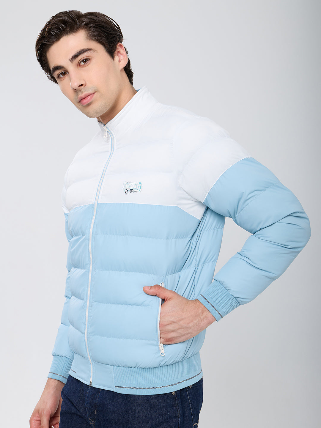 Men Sea Green Self Design Mock Neck Full Sleeve Puffer Jacket