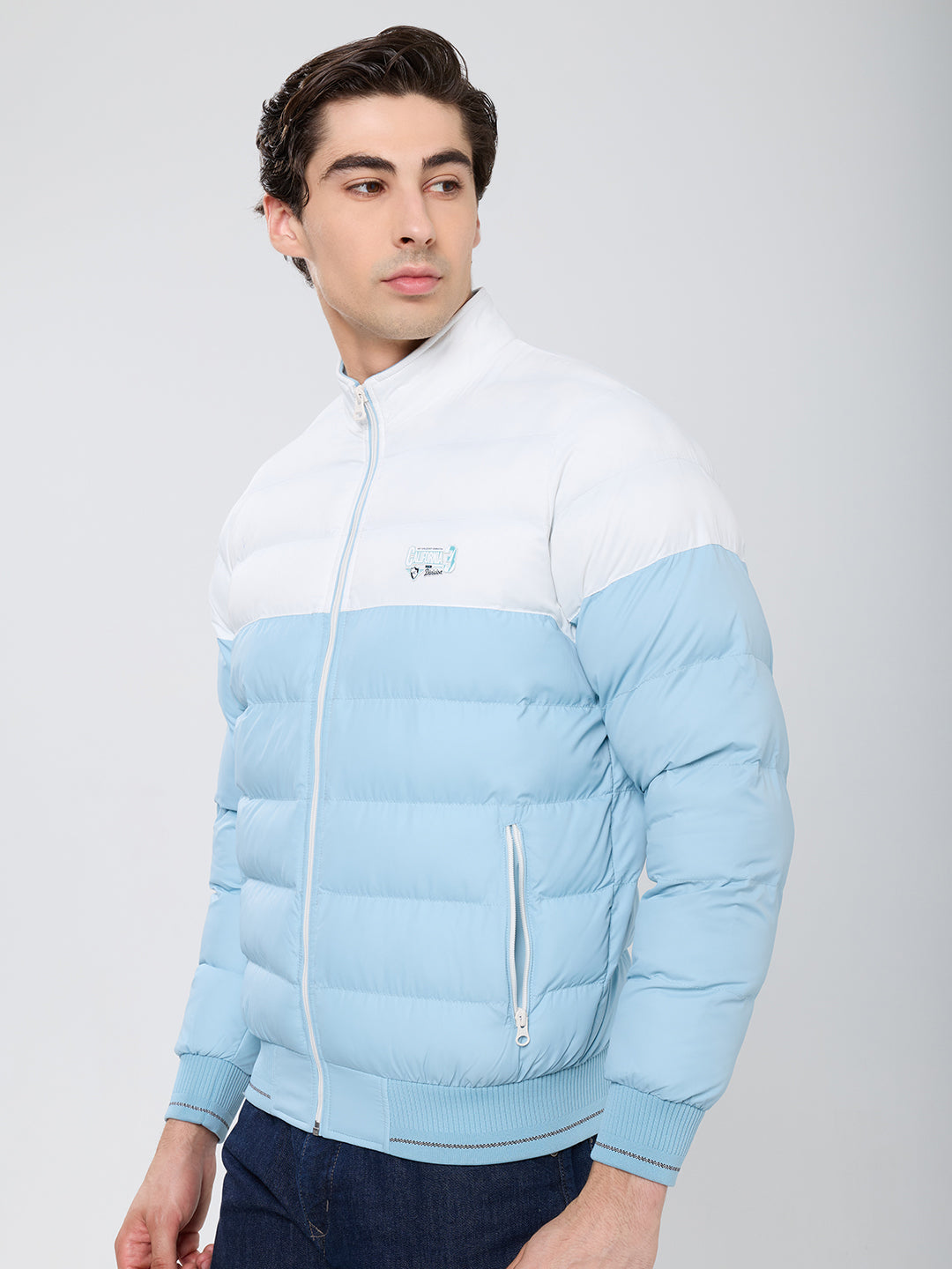 Men Sea Green Self Design Mock Neck Full Sleeve Puffer Jacket