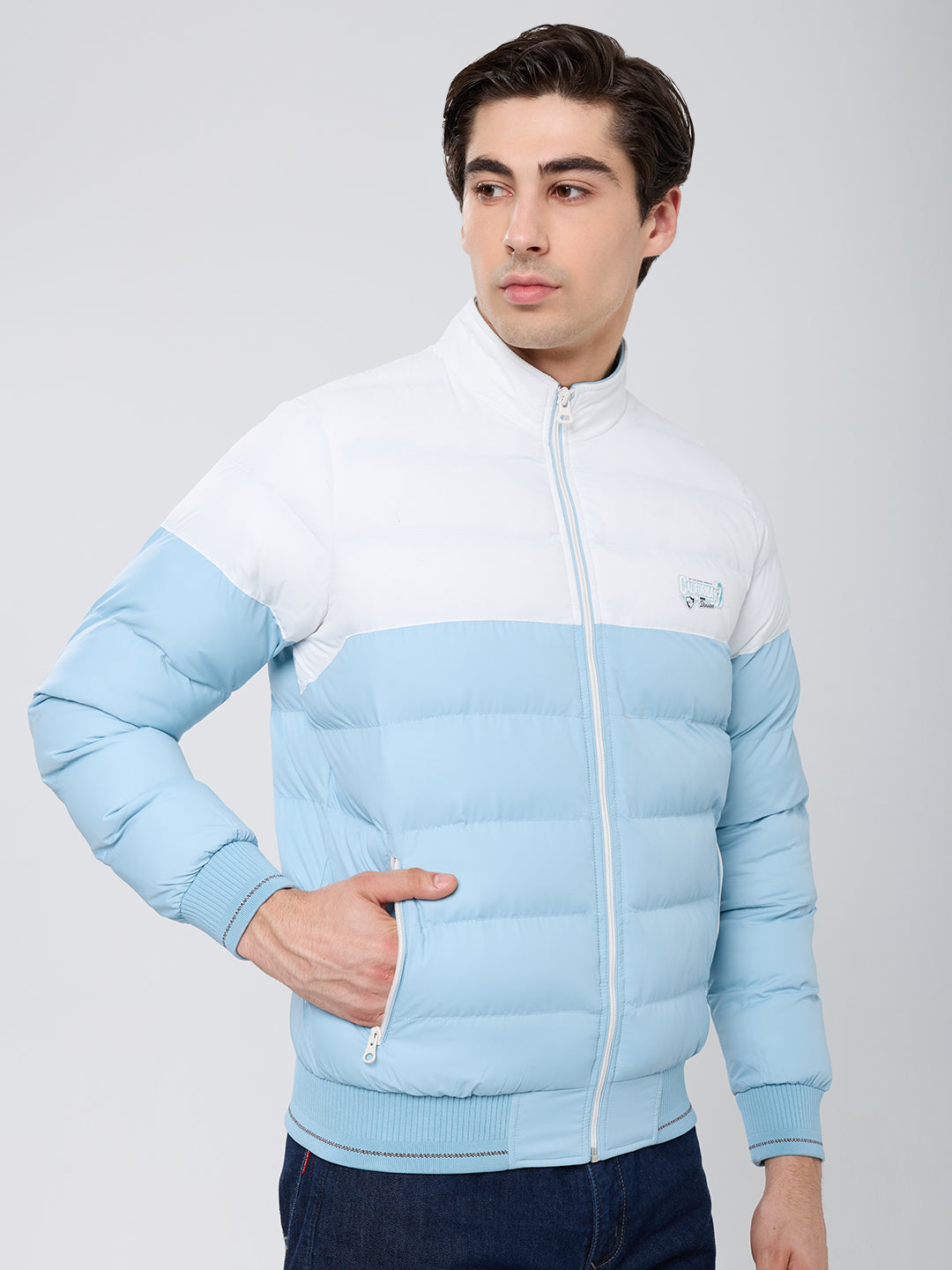 Men Sea Green Self Design Mock Neck Full Sleeve Puffer Jacket