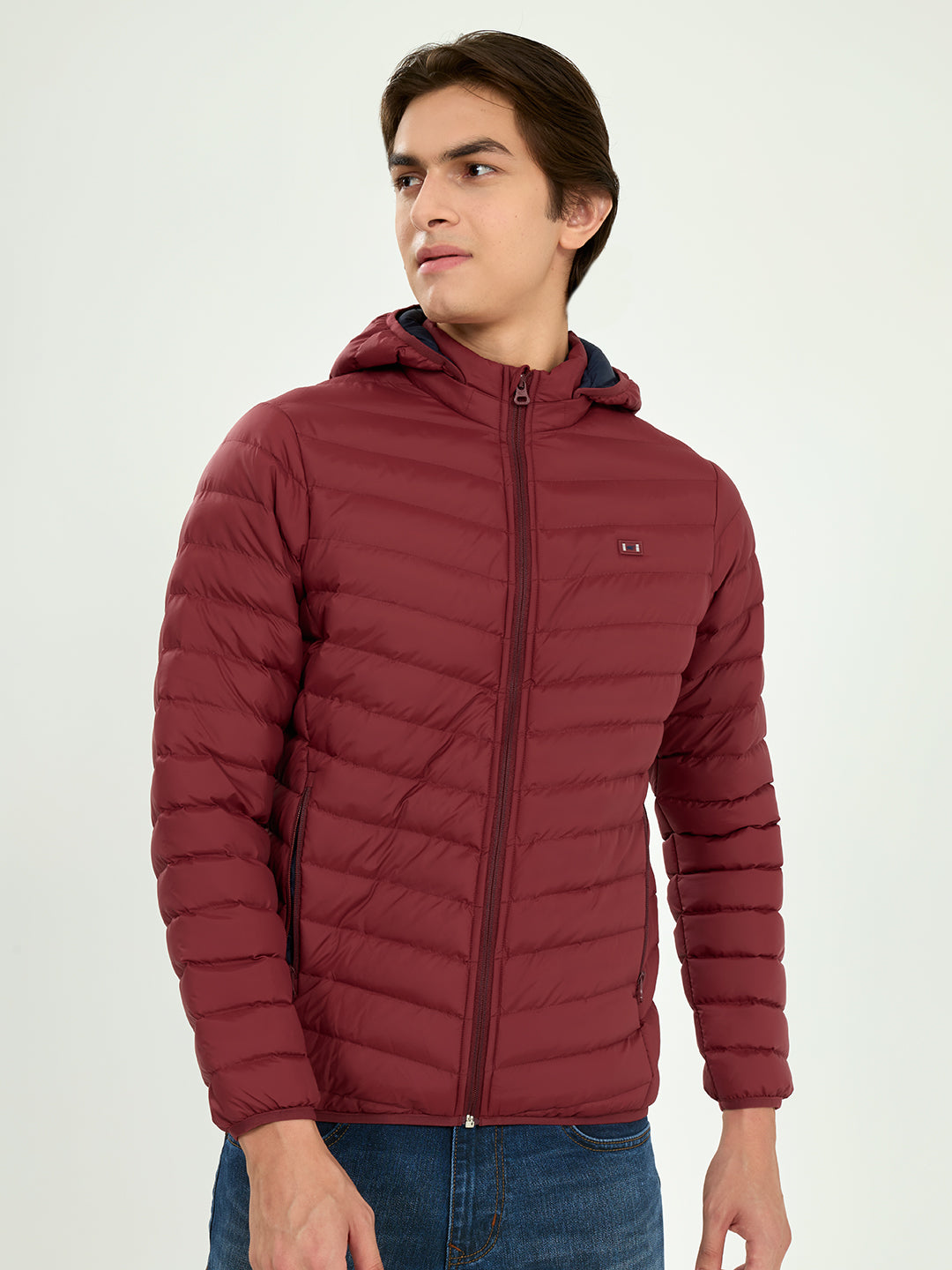 Men Maroon Solid Detachable Hood Full Sleeve Puffer Jacket