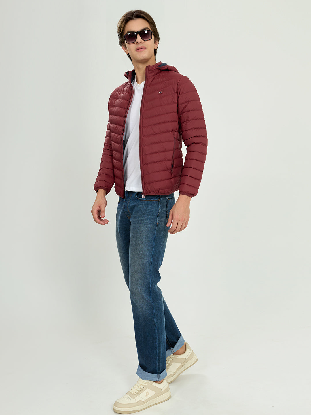 Men Maroon Solid Detachable Hood Full Sleeve Puffer Jacket