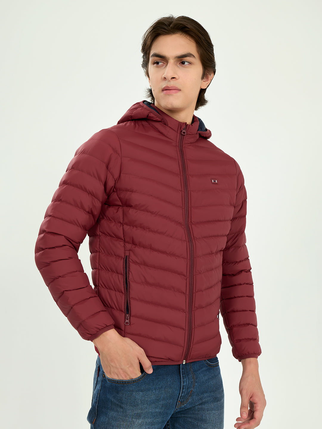 Men Maroon Solid Detachable Hood Full Sleeve Puffer Jacket