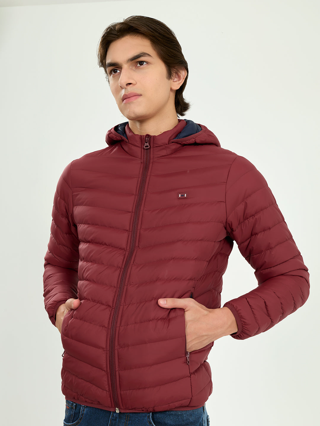 Men Maroon Solid Detachable Hood Full Sleeve Puffer Jacket