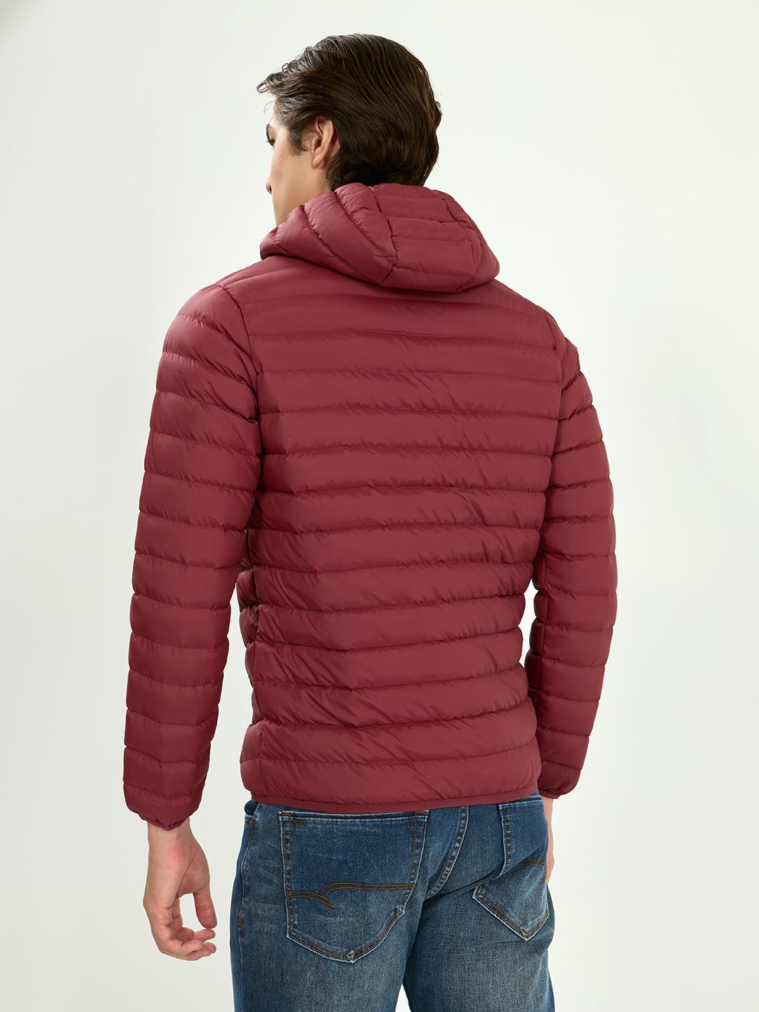 Men Maroon Solid Detachable Hood Full Sleeve Puffer Jacket