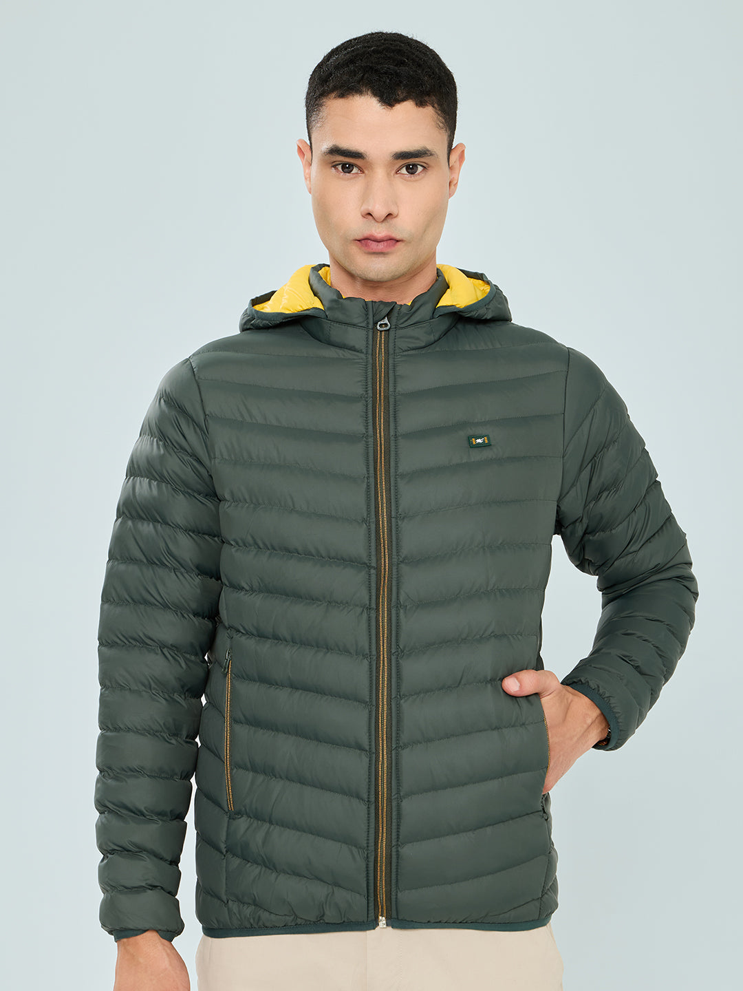 Men Olive Solid Detachable Hood Full Sleeve Puffer Jacket