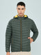 Men Olive Solid Detachable Hood Full Sleeve Puffer Jacket