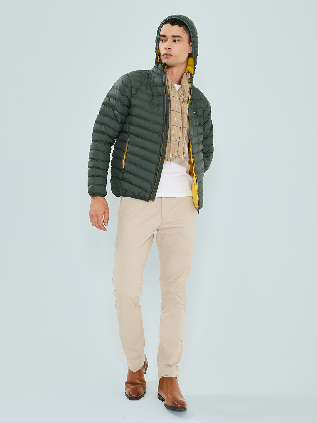 Men Olive Solid Detachable Hood Full Sleeve Puffer Jacket