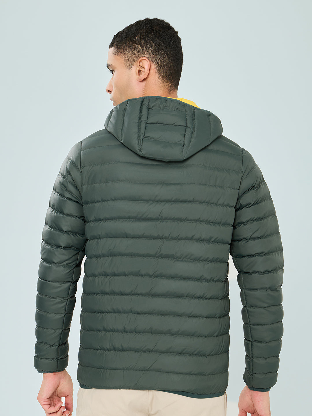Men Olive Solid Detachable Hood Full Sleeve Puffer Jacket