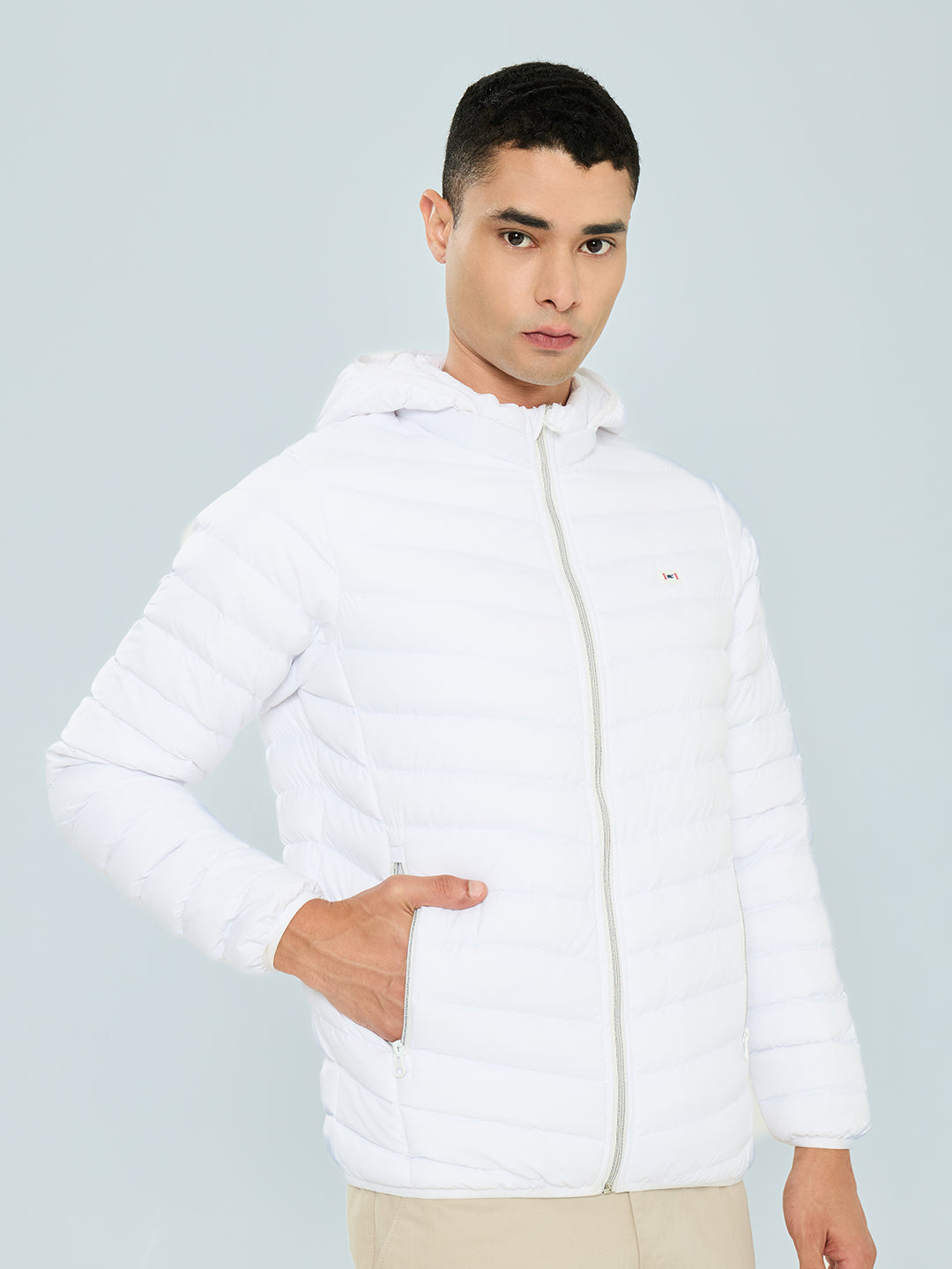 Men White Solid Detachable Hood Full Sleeve Puffer Jacket