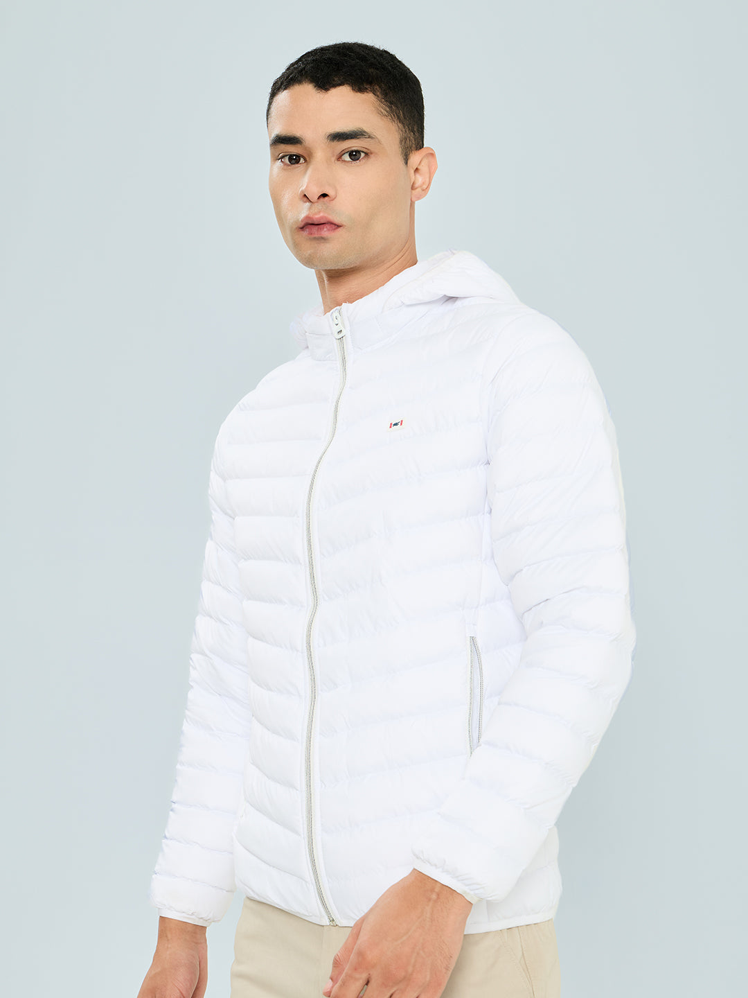 Men White Solid Detachable Hood Full Sleeve Puffer Jacket