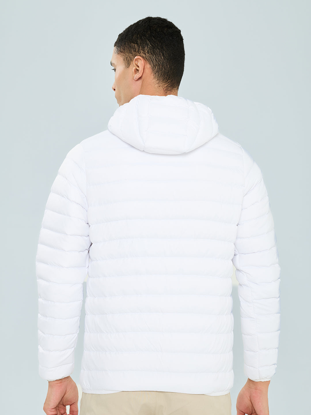 Men White Solid Detachable Hood Full Sleeve Puffer Jacket