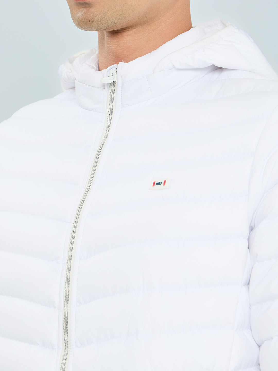 Men White Solid Detachable Hood Full Sleeve Puffer Jacket
