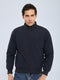 Men Navy Blue Solid Mock Neck Full Sleeve Ultra-Warm Bomber Jacket
