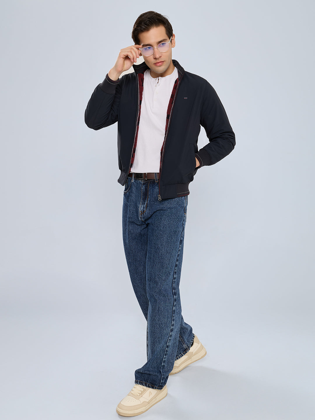 Men Navy Blue Solid Mock Neck Full Sleeve Ultra-Warm Bomber Jacket