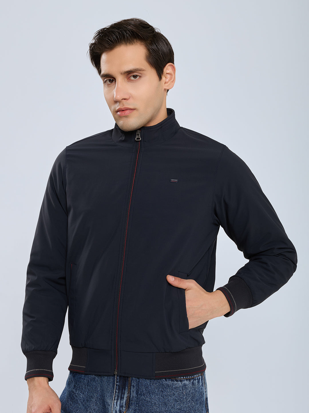 Men Navy Blue Solid Mock Neck Full Sleeve Ultra-Warm Bomber Jacket