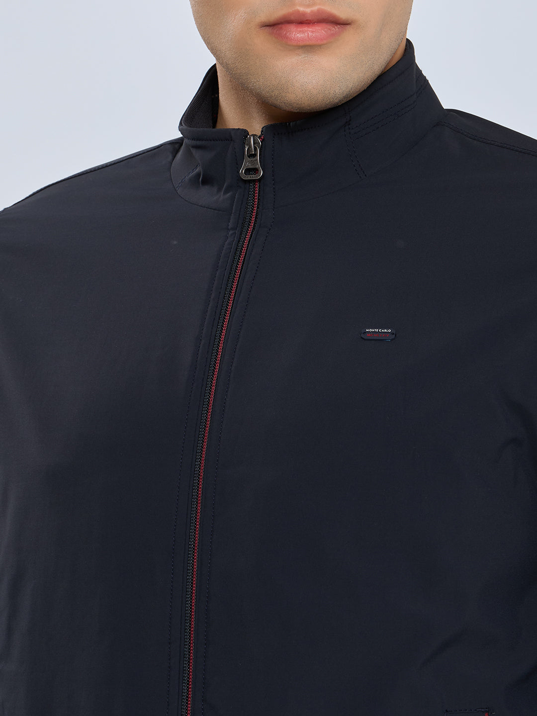 Men Navy Blue Solid Mock Neck Full Sleeve Ultra-Warm Bomber Jacket