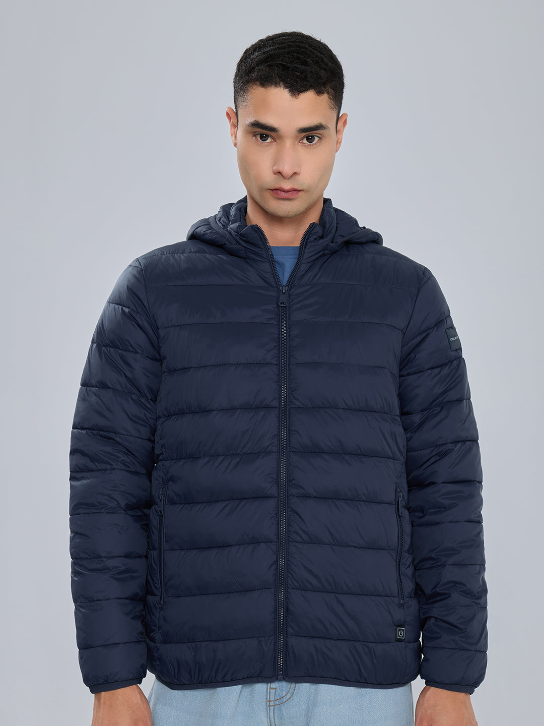 Men Navy Blue Solid Heated Puffer Jacket with Detachable Hood