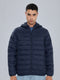 Men Navy Blue Solid Heated Puffer Jacket with Detachable Hood