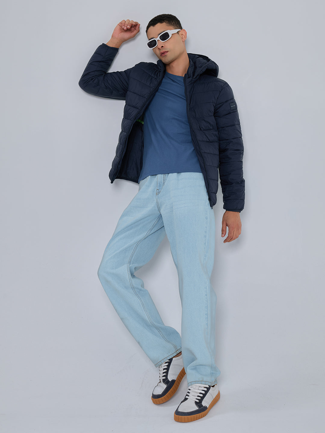 Men Navy Blue Solid Heated Puffer Jacket with Detachable Hood