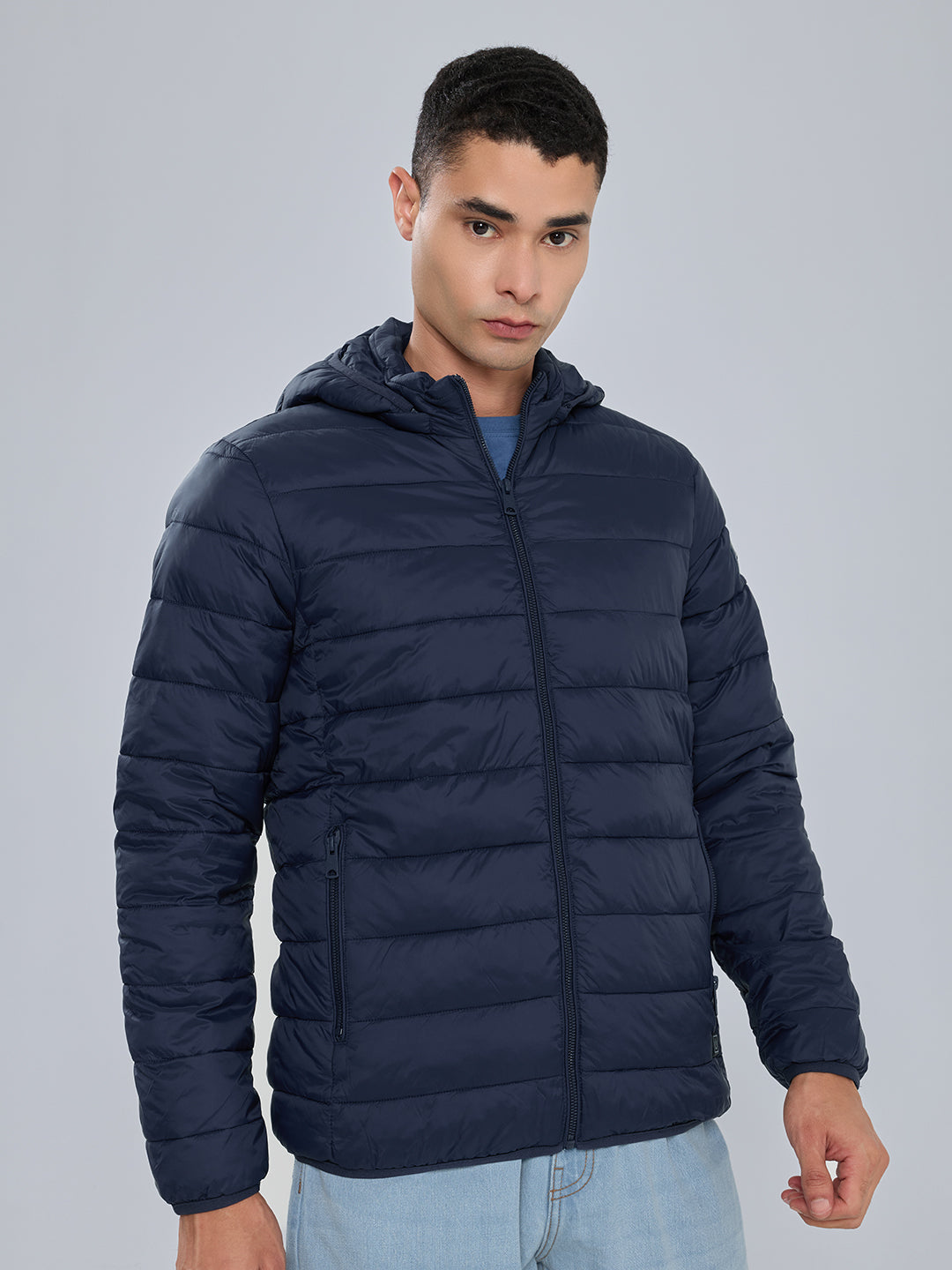 Men Navy Blue Solid Heated Puffer Jacket with Detachable Hood