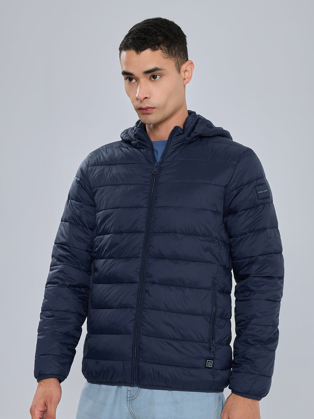 Men Navy Blue Solid Heated Puffer Jacket with Detachable Hood