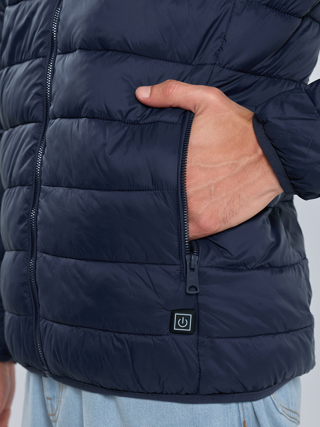 Men Navy Blue Solid Heated Puffer Jacket with Detachable Hood