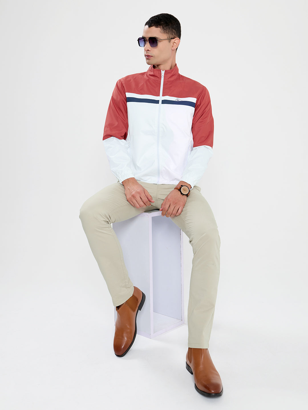 Men Rust Self Design Collar Full Sleeve Windcheater