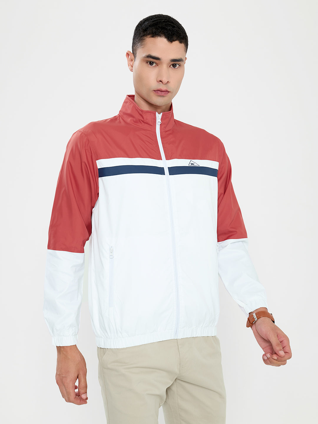 Men Rust Self Design Collar Full Sleeve Windcheater