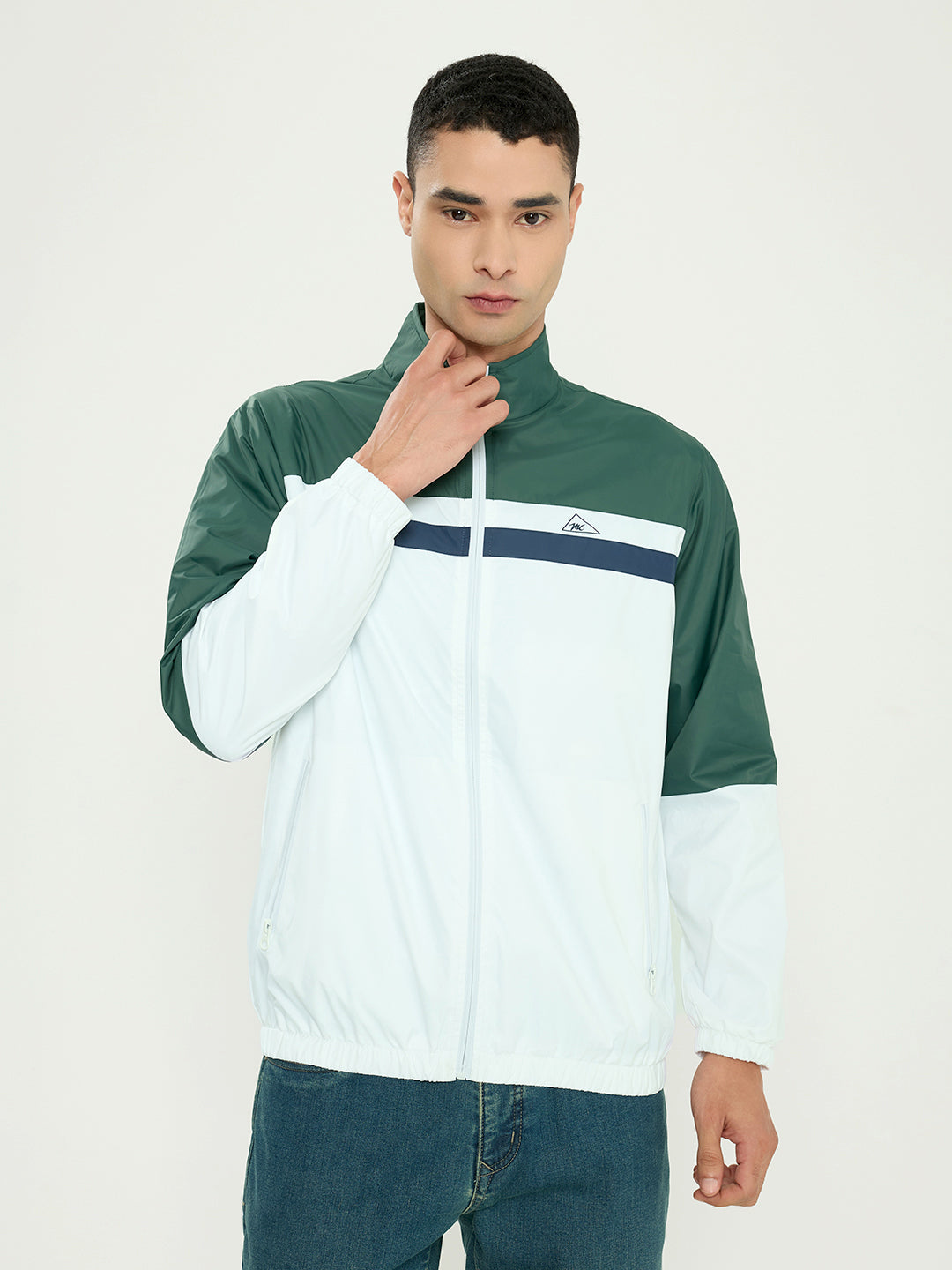 Men Green Self Design Collar Full Sleeve Windcheater