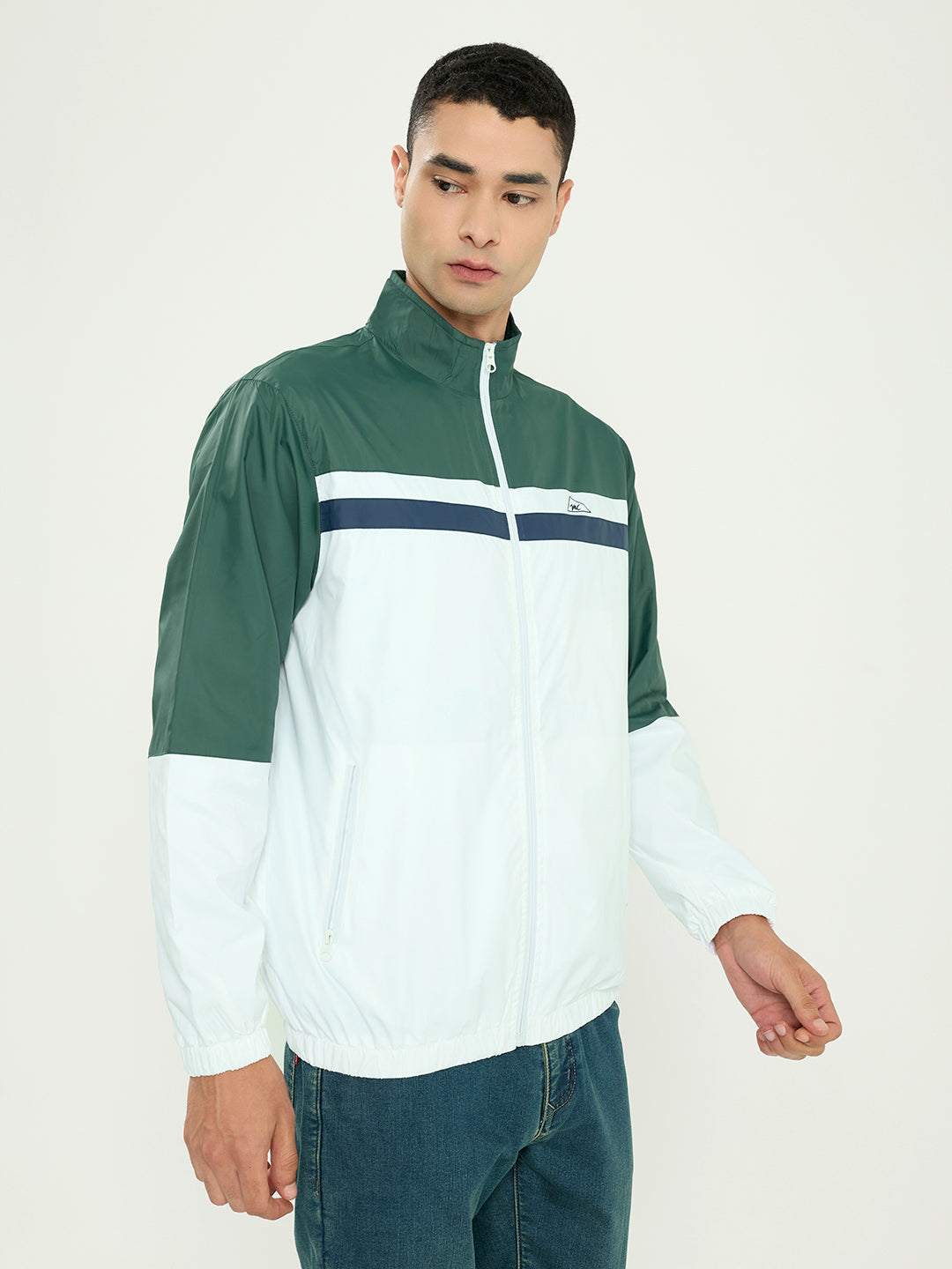 Men Green Self Design Collar Full Sleeve Windcheater