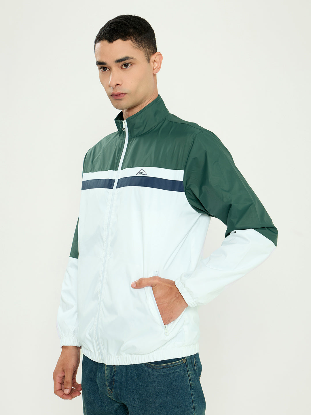 Men Green Self Design Collar Full Sleeve Windcheater