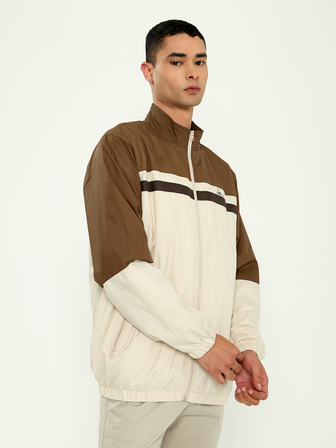 Men Khaki Self Design Collar Full Sleeve Windcheater