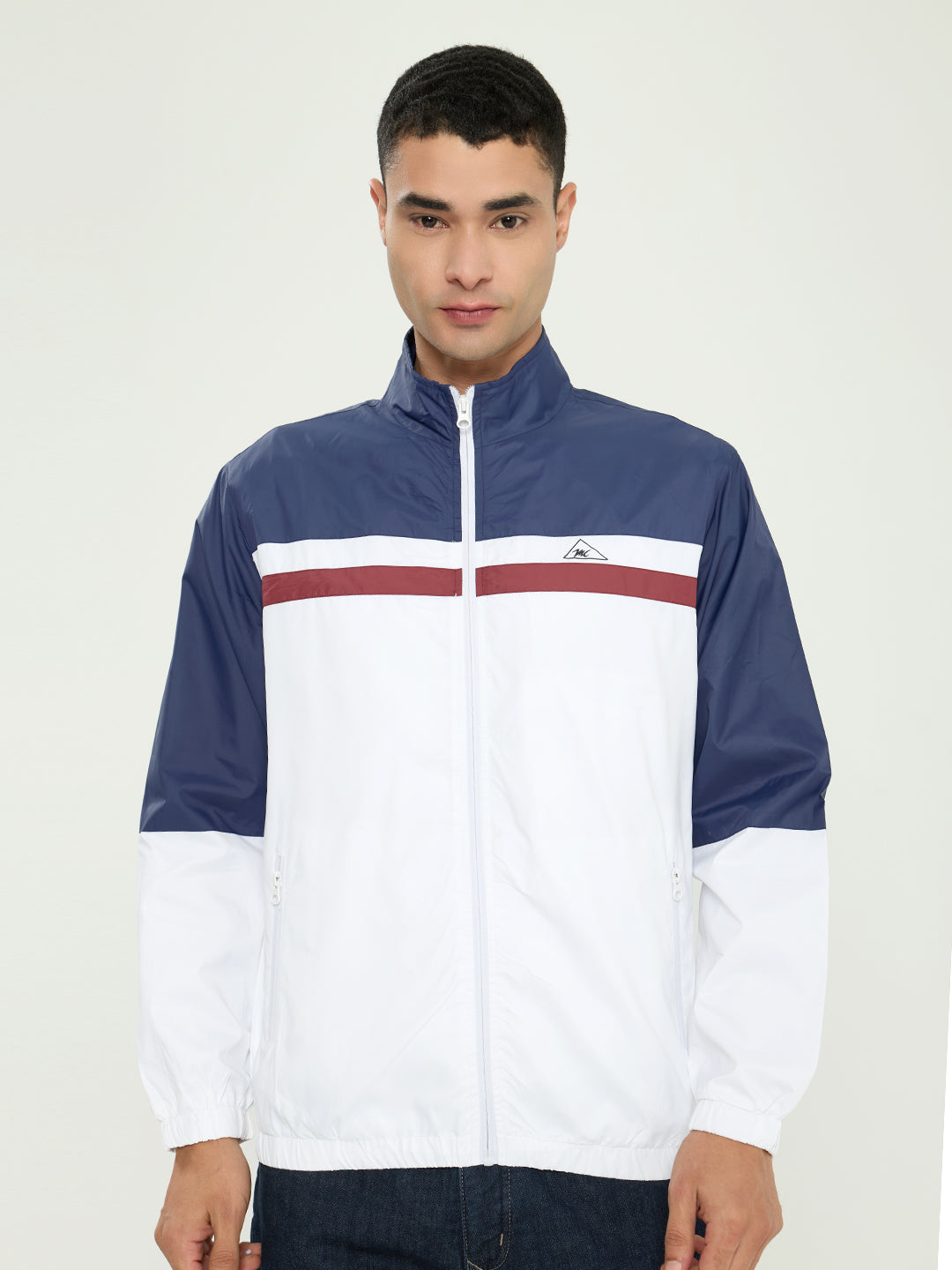 Men Navy Blue Self Design Collar Full Sleeve Windcheater