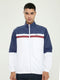 Men Navy Blue Self Design Collar Full Sleeve Windcheater