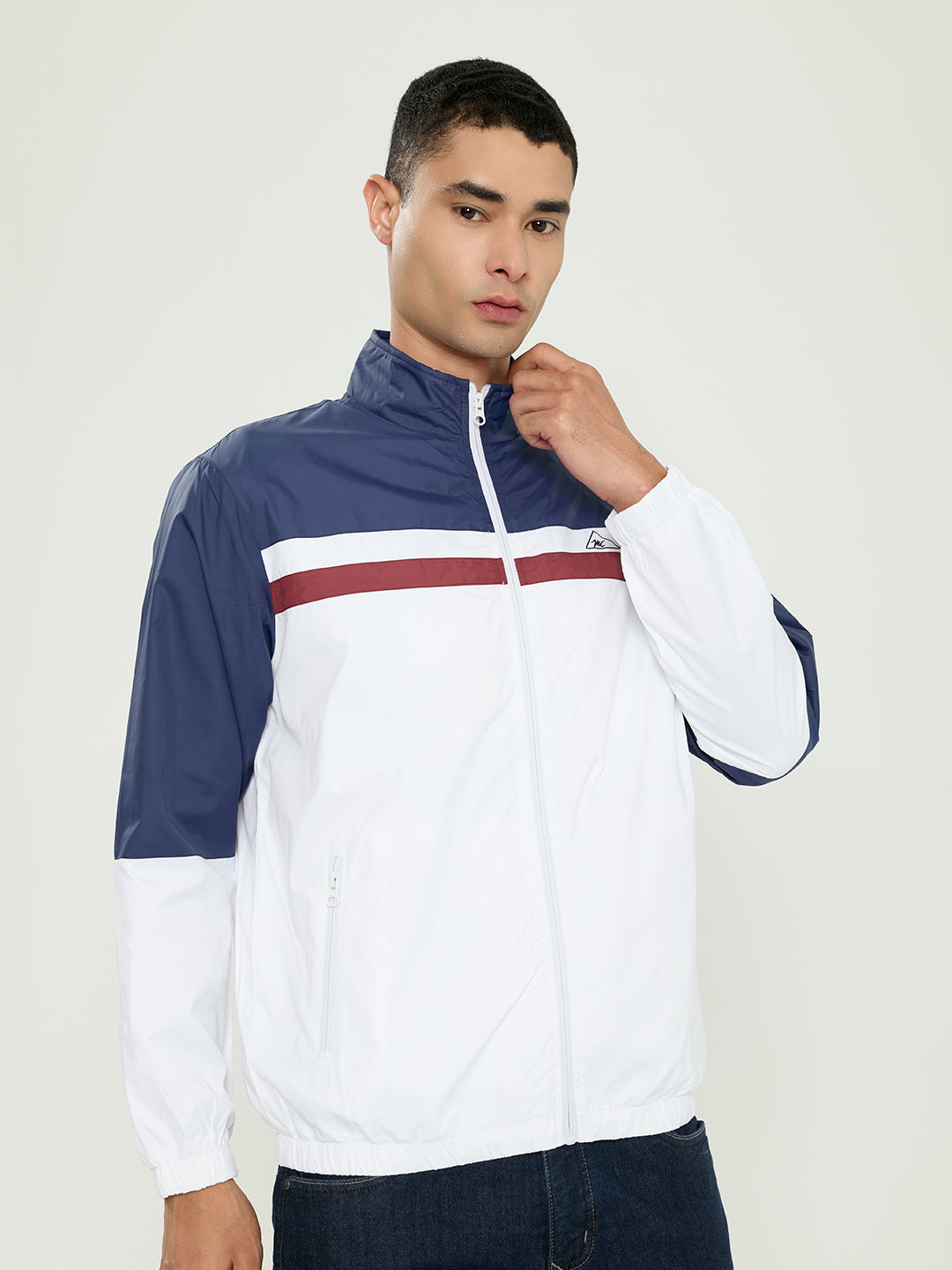 Men Navy Blue Self Design Collar Full Sleeve Windcheater