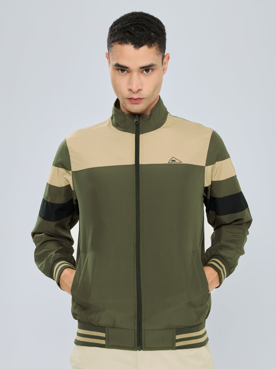 Men Olive Self Design Stand Collar Full Sleeve Windcheater