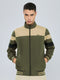 Men Olive Self Design Stand Collar Full Sleeve Windcheater