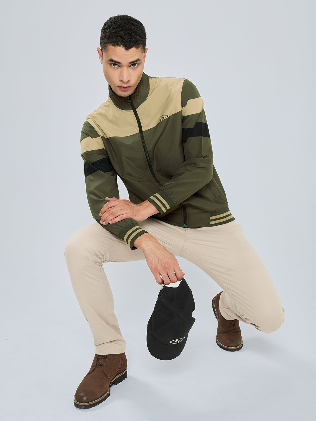 Men Olive Self Design Stand Collar Full Sleeve Windcheater