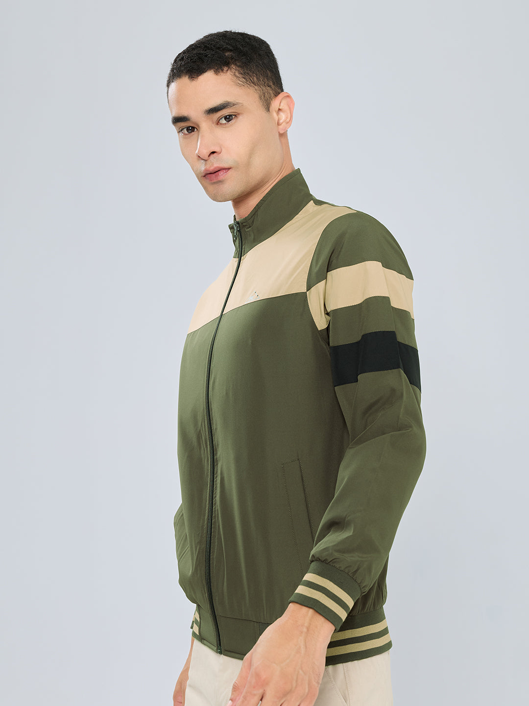 Men Olive Self Design Stand Collar Full Sleeve Windcheater