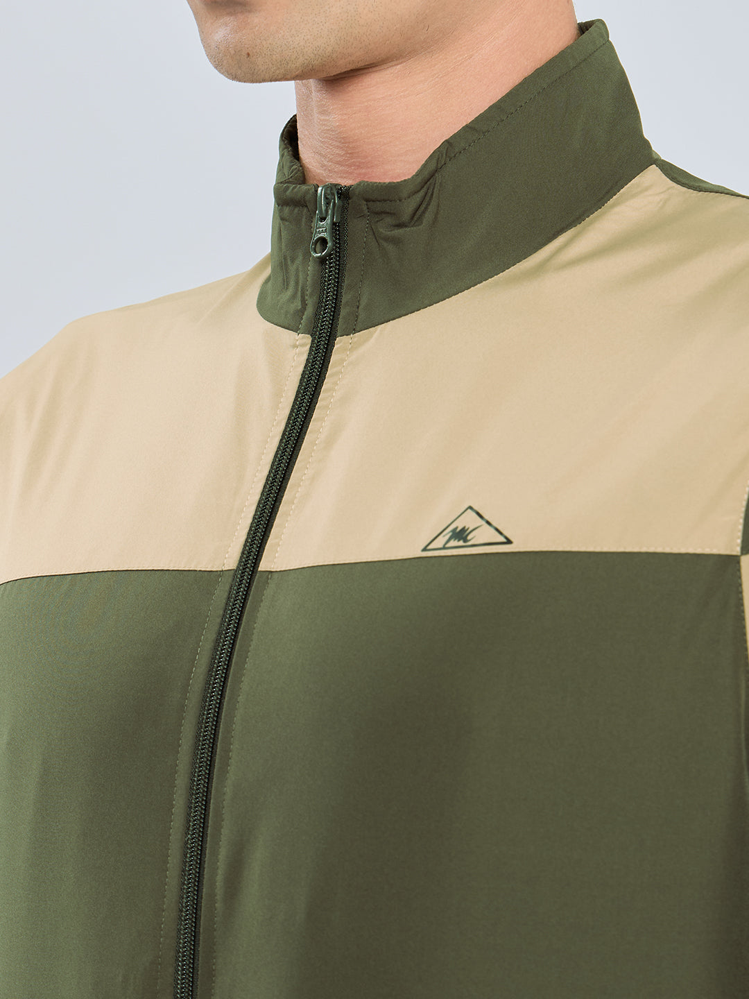 Men Olive Self Design Stand Collar Full Sleeve Windcheater