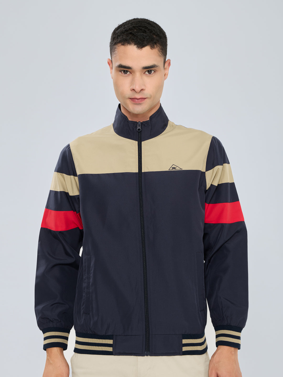 Men Beige Self Design Stand Collar Full Sleeve Windcheater