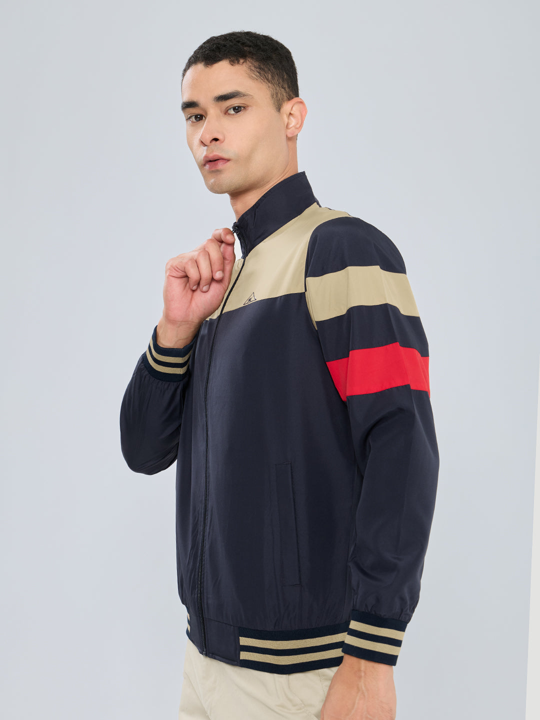 Men Beige Self Design Stand Collar Full Sleeve Windcheater